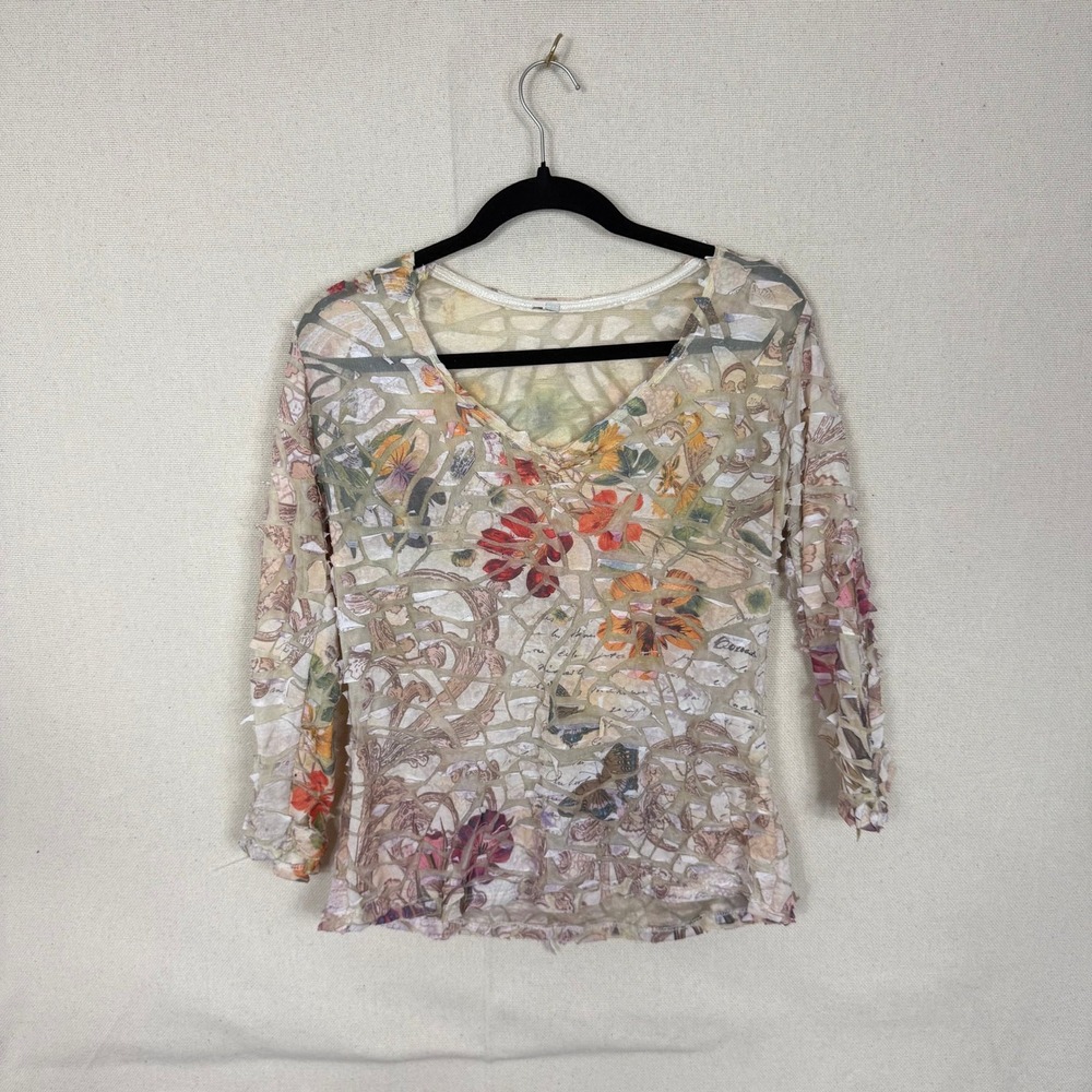 Womens Sheer Mesh Mosaic Floral 3D Textured V-Neck Top 3/4 Sleeve Beige‎ Multi